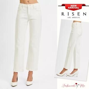 RISEN Tummy Control Mid Rise Waist Zipper Fly Ankle Straight Denim Jeans | Cream